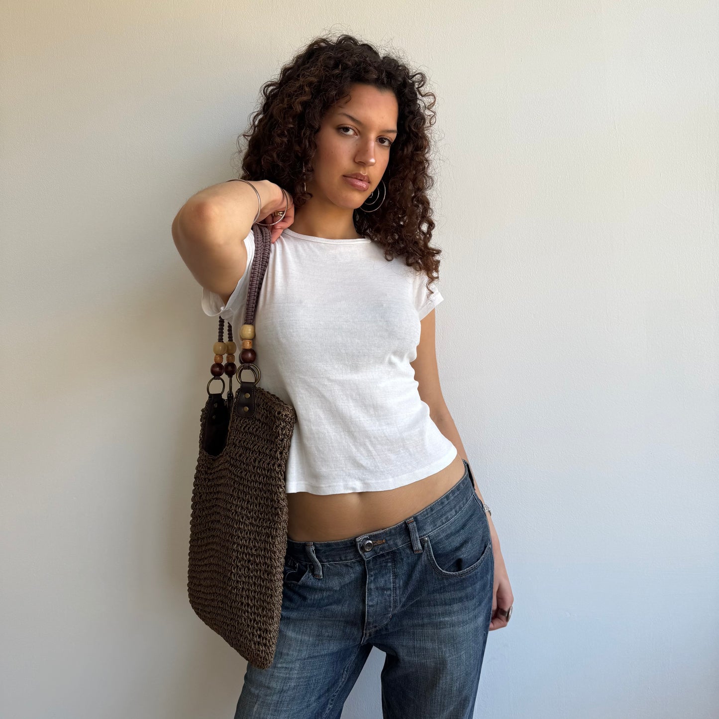 Khaki woven beaded bag