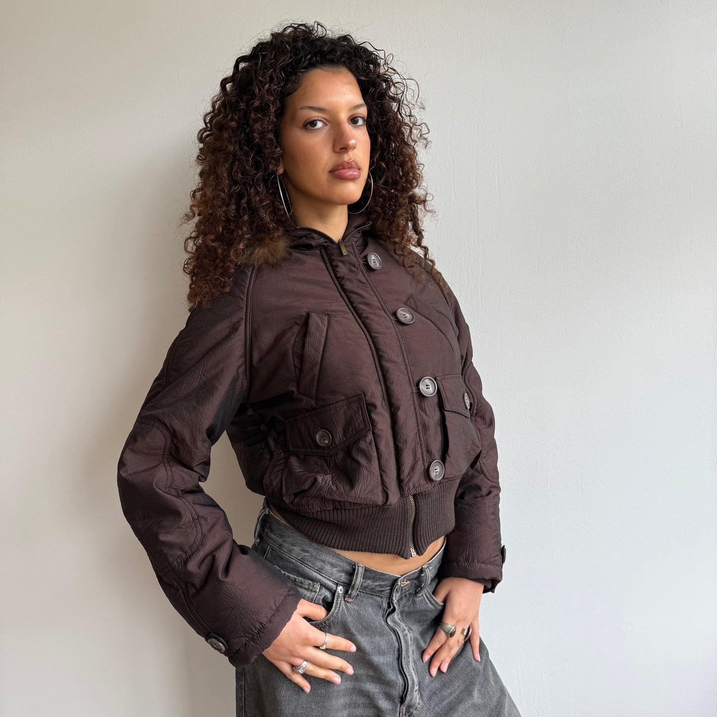 Brown puffer fur hood - Size M