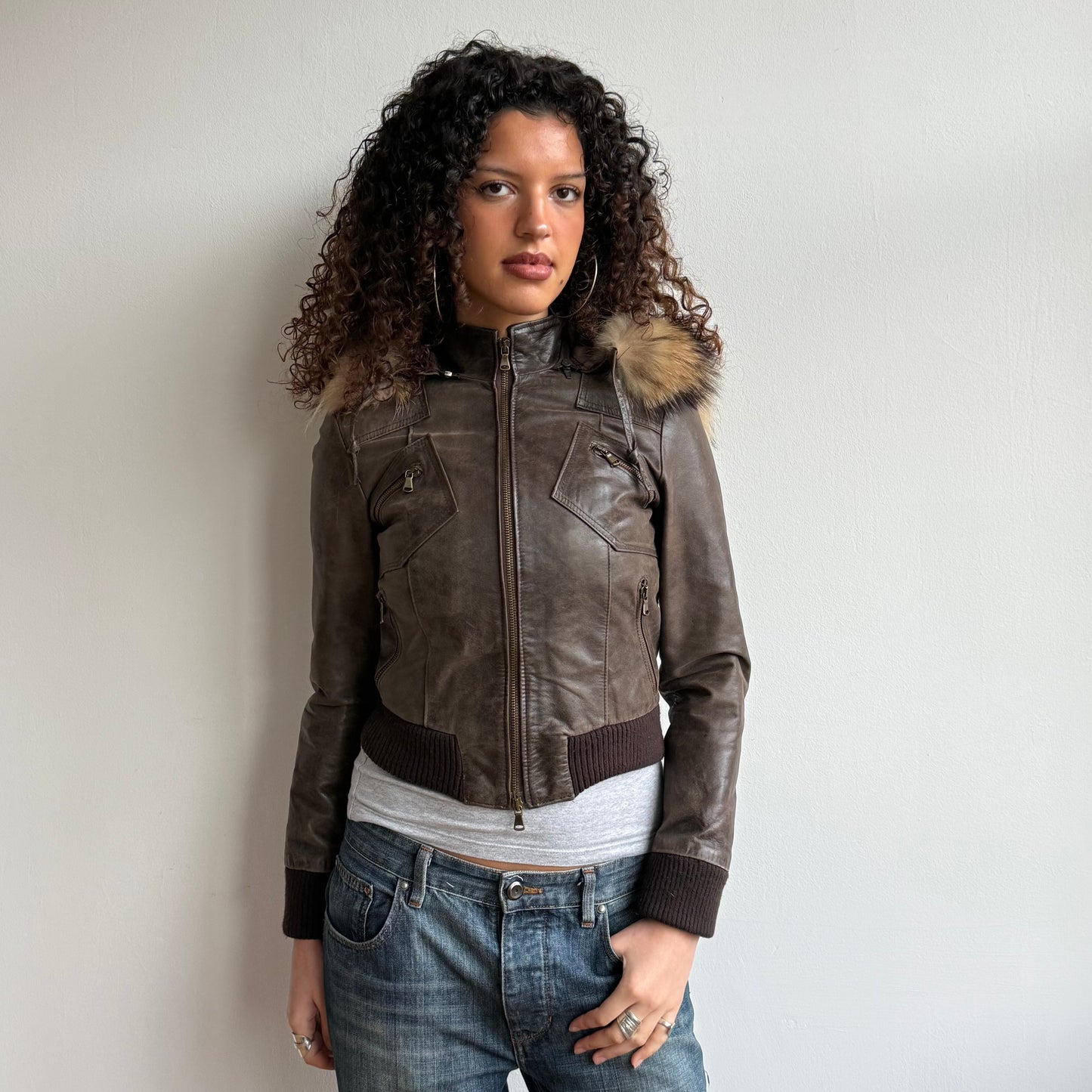 Brown leather fur hood bomber - Size S