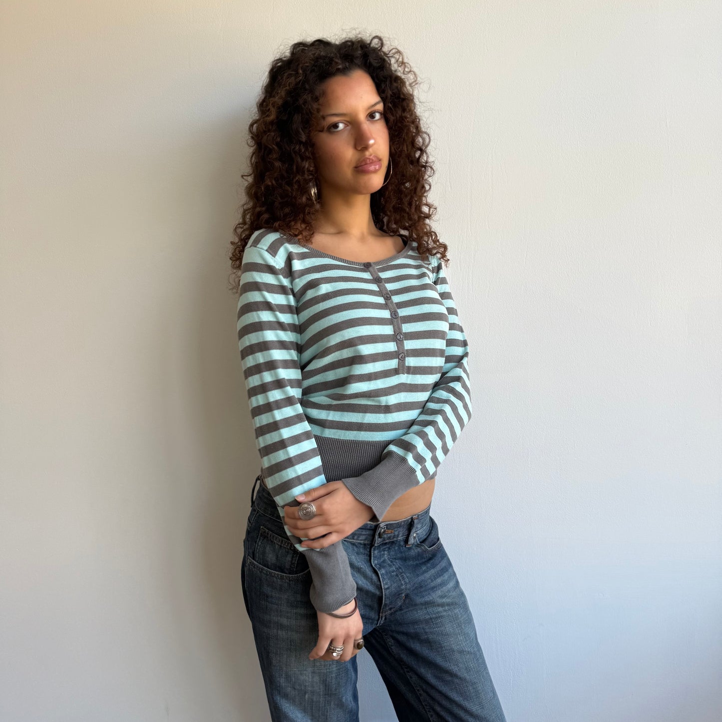 Turquoise + grey striped knit- Size S