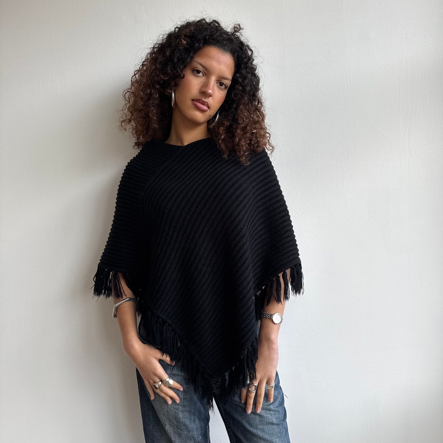 Black chunky knit poncho - One Size