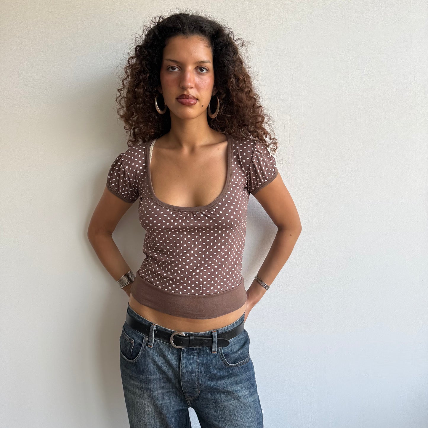 Brown polka dot keyhole top - Size S