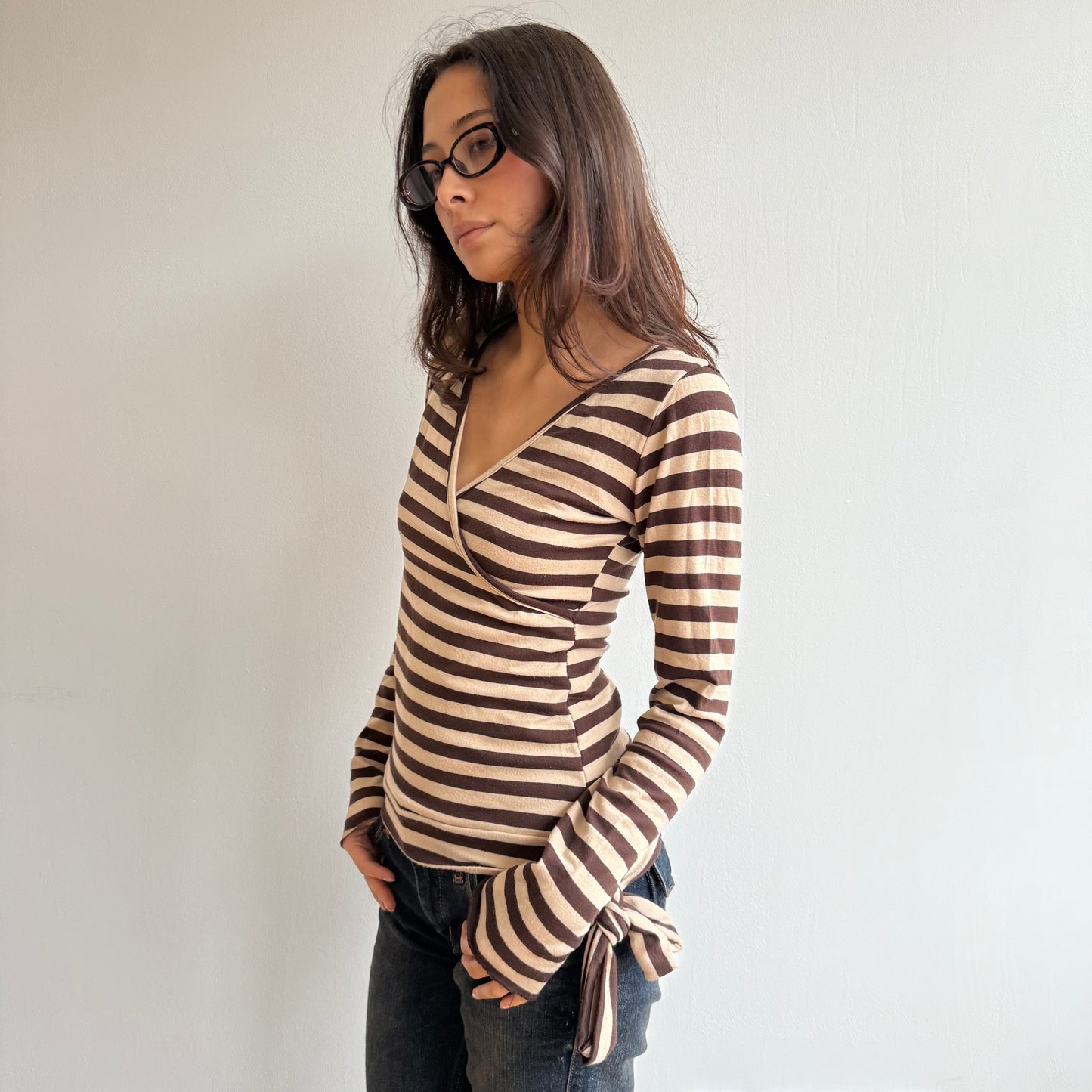 Beige striped wrap top - Size S