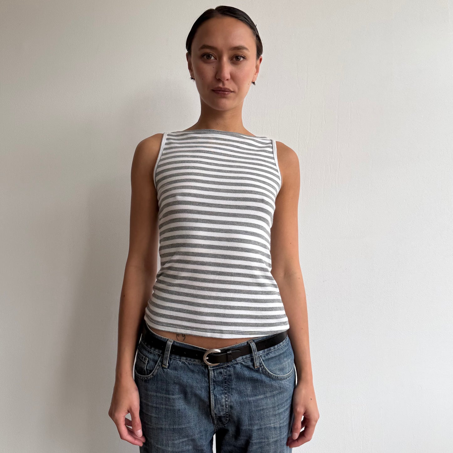 Grey + white striped top - Size S-M