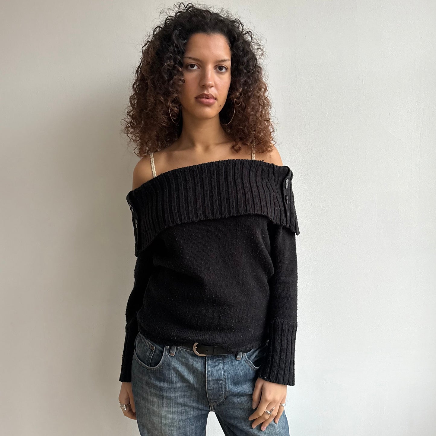 Black bardot button knit - Size L