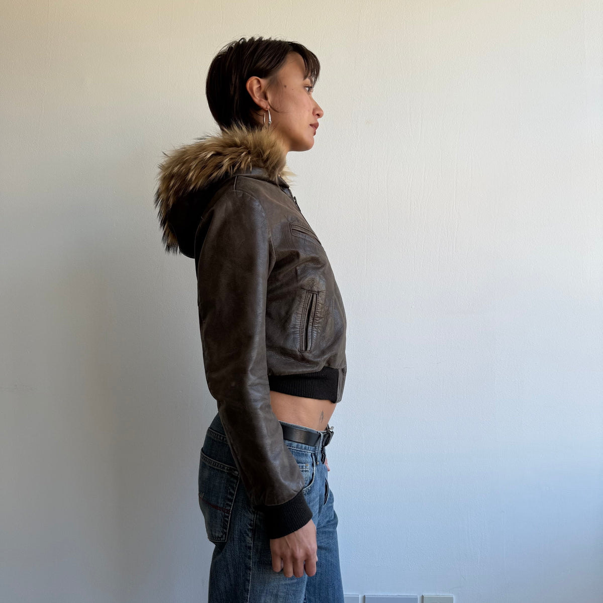 Brown leather fur hood bomber - Size S/M