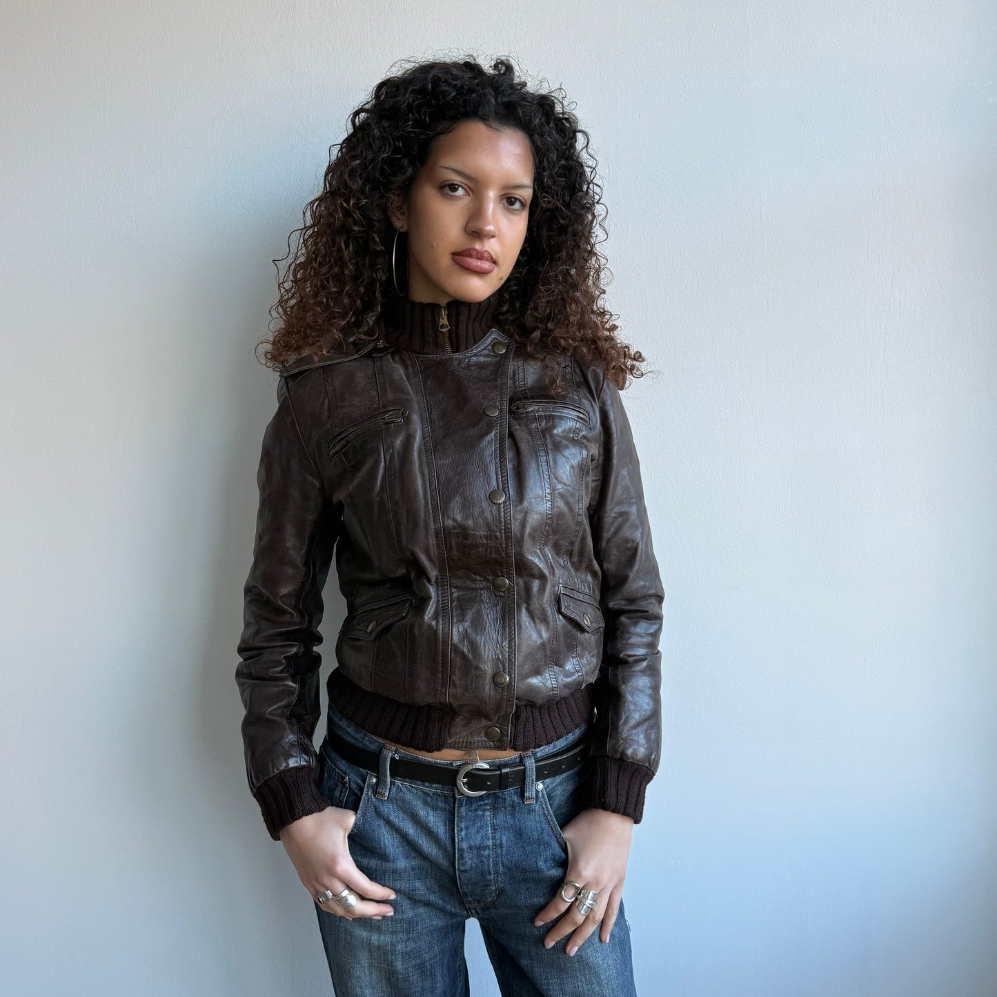 Brown leather fur hood jacket - Size M
