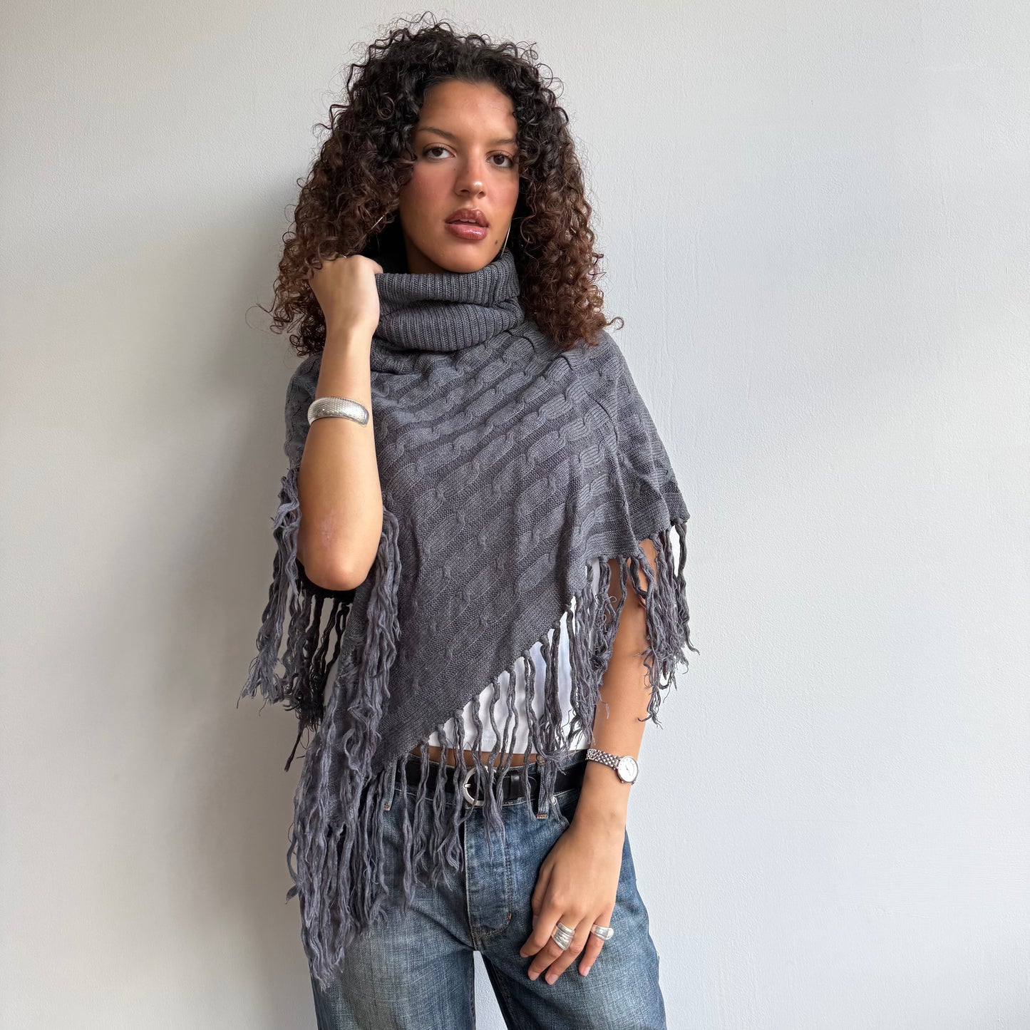 Charcoal grey tassel poncho - One Size