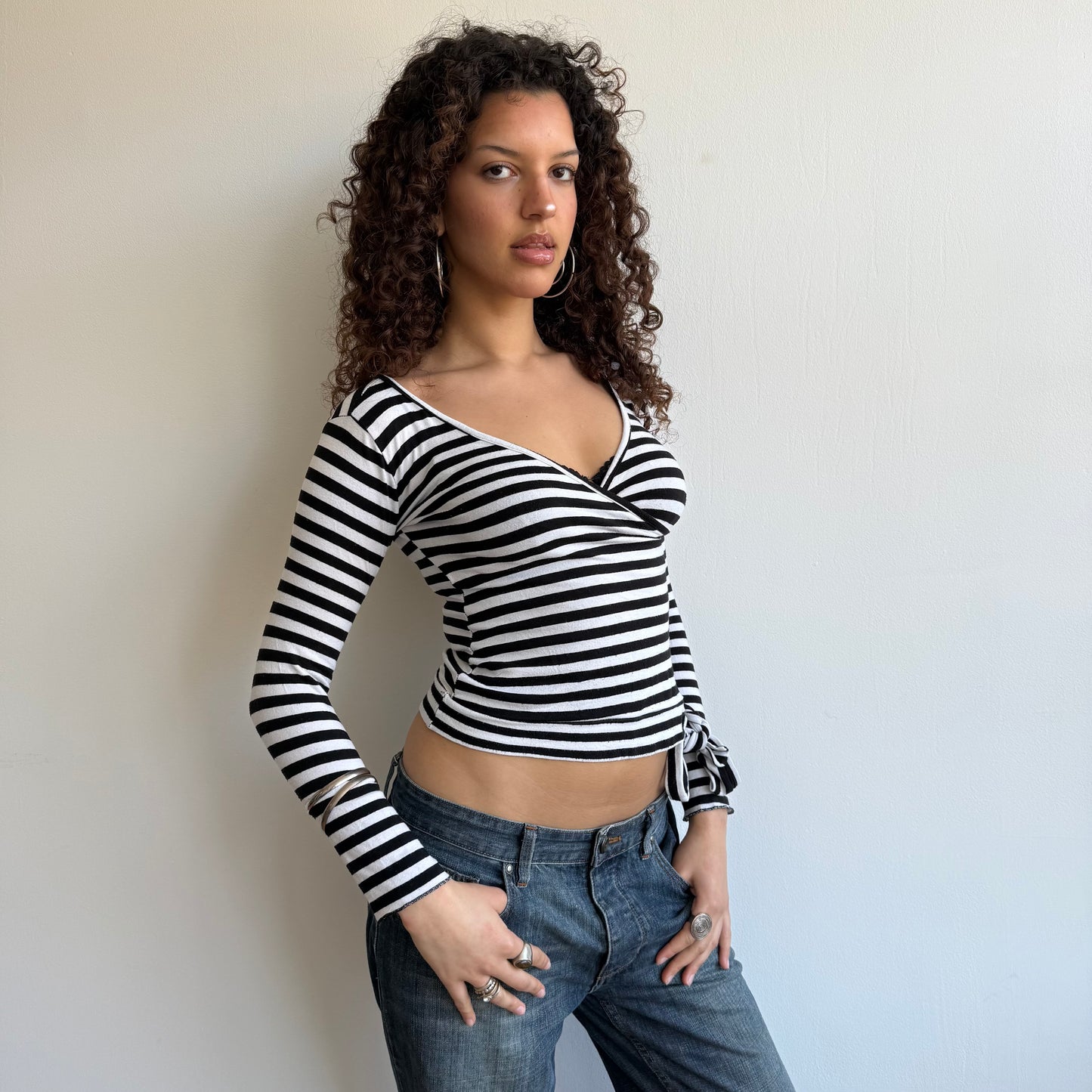 Black + white striped long sleeve wrap top - Size S