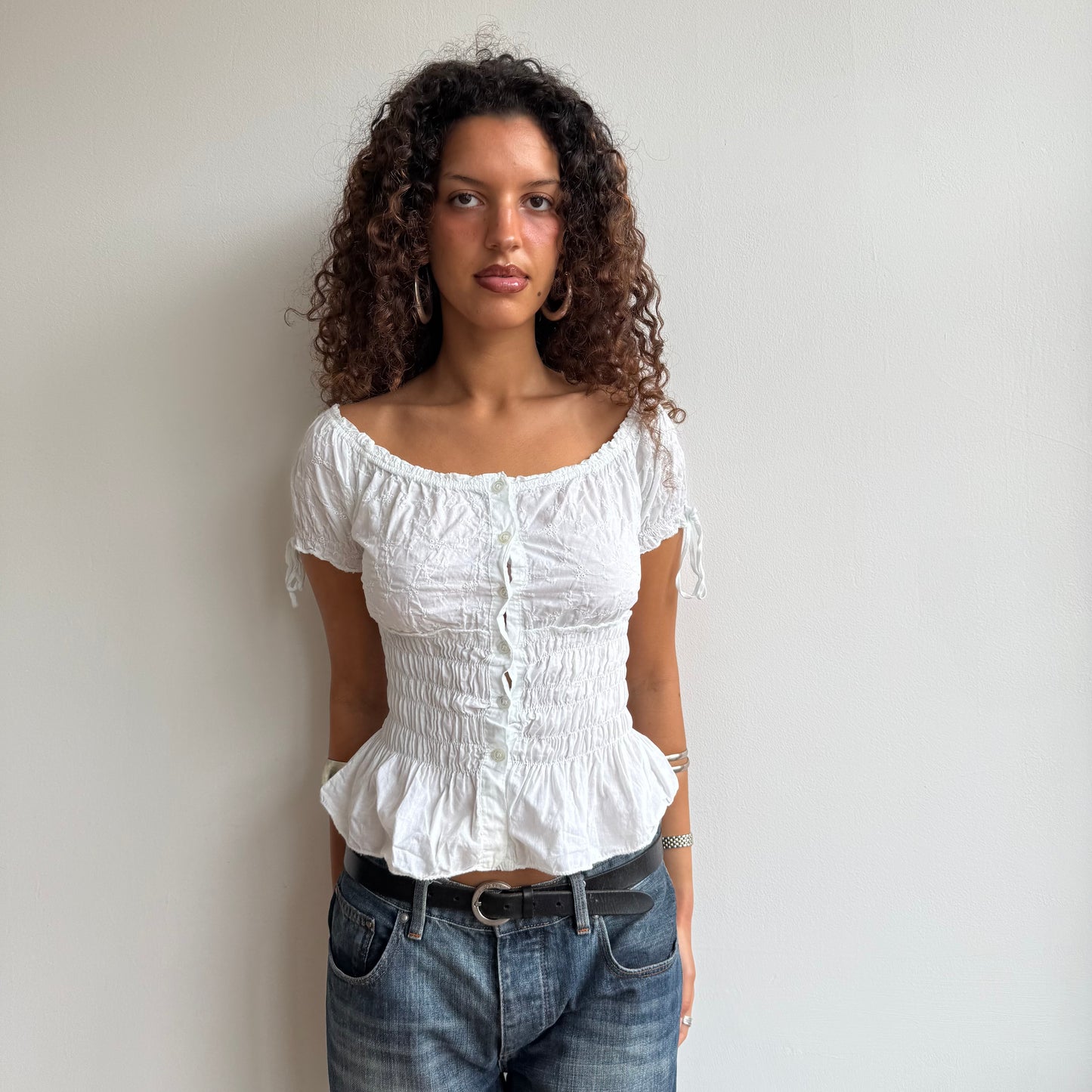 White broderie milkmaid top - Size S