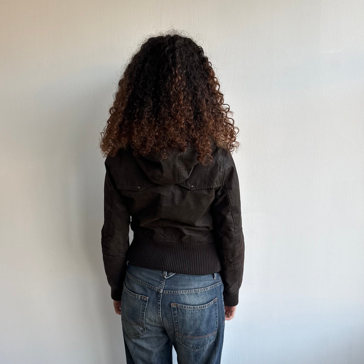 Brown suede fur hood bomber - Size S