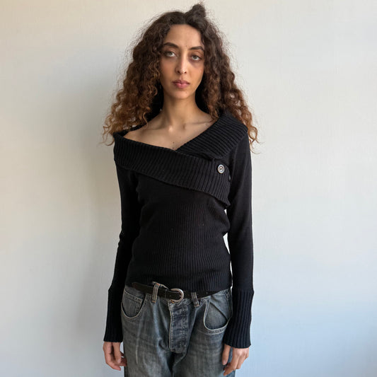 Black button wrap v neck knit - Size M