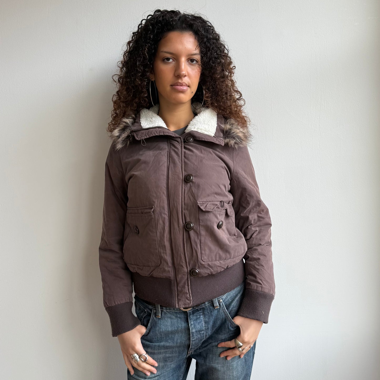 Brown fur collar puffer - Size S