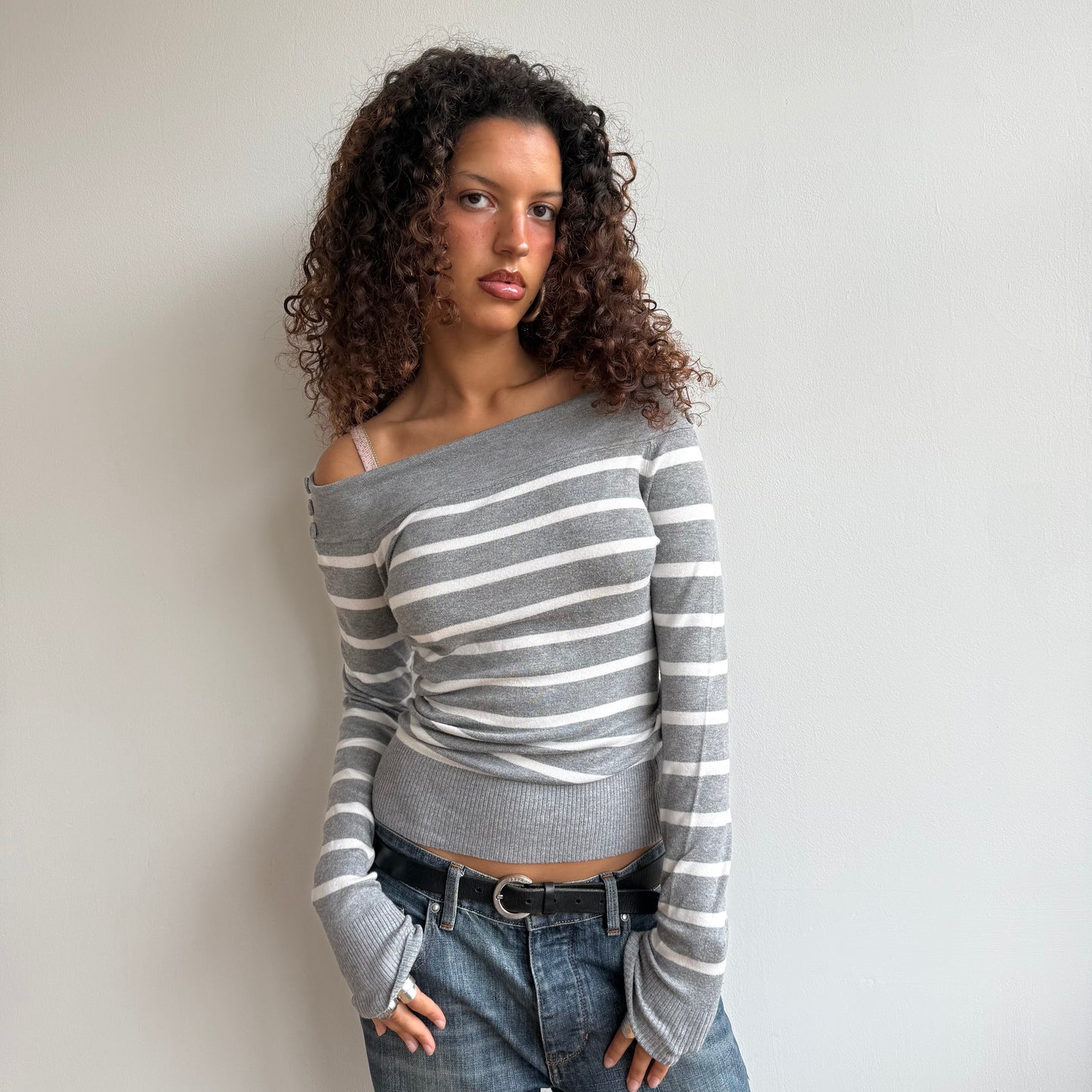 Grey + white striped bardot knit - Size S/M
