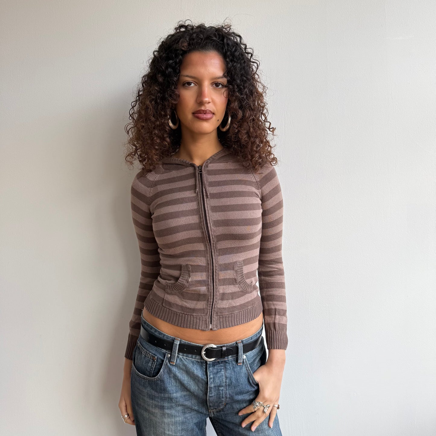 Brown striped knit hoodie - Size XS