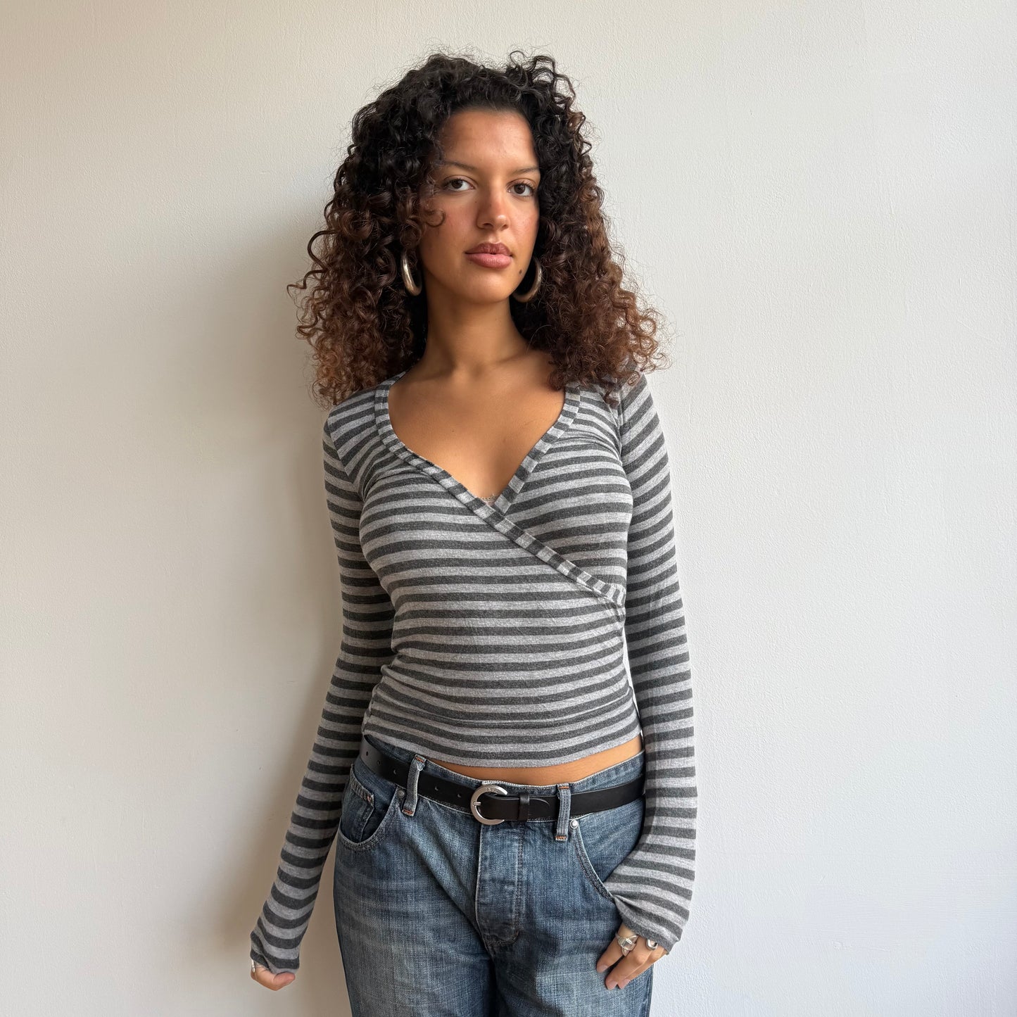 Grey stripe wrap top - Size S