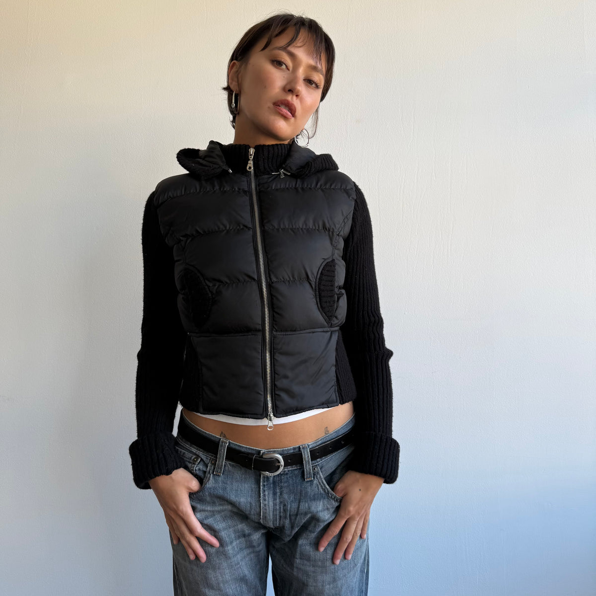 Black bi-material puffer coat - Size S
