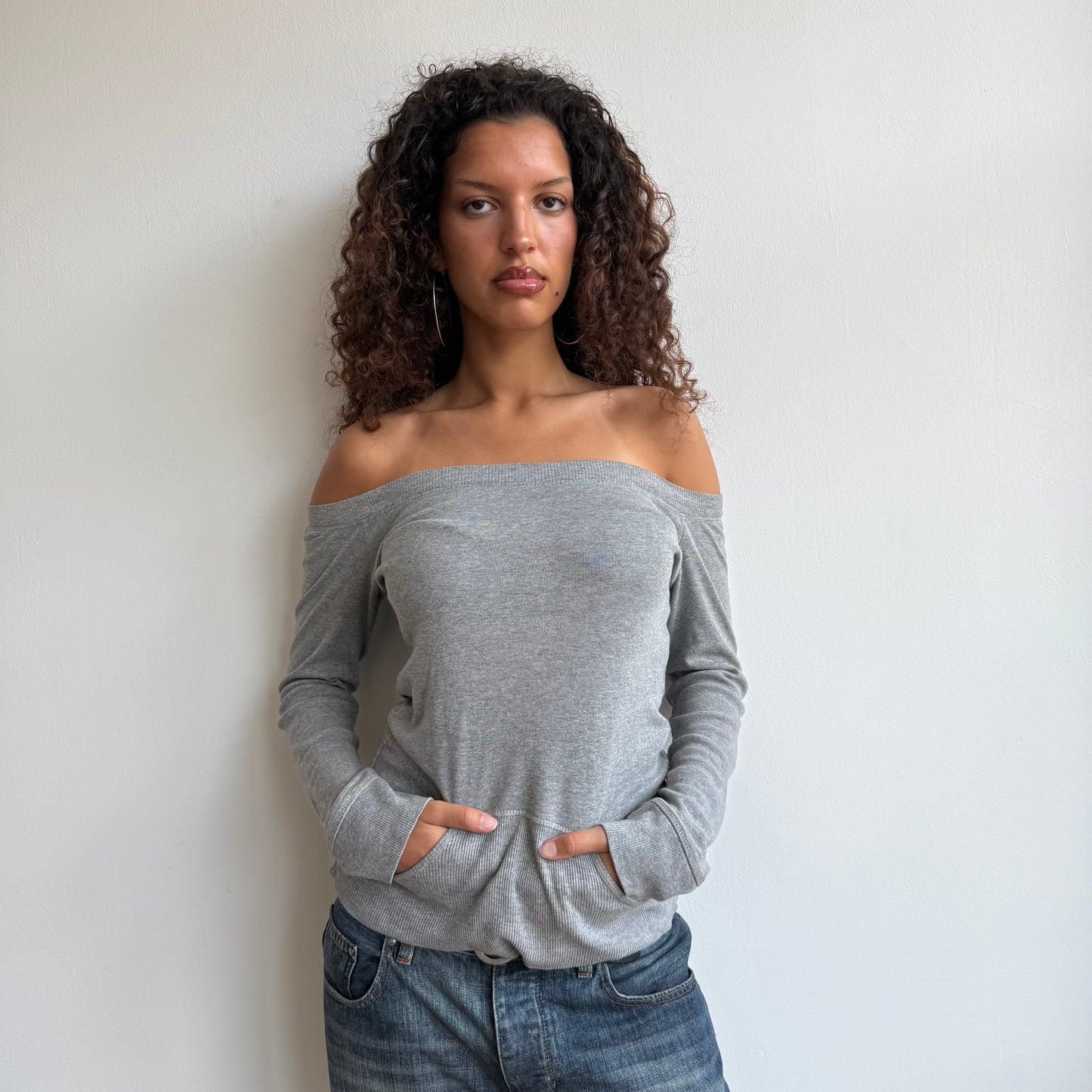 Grey pocket bardot top - Size M