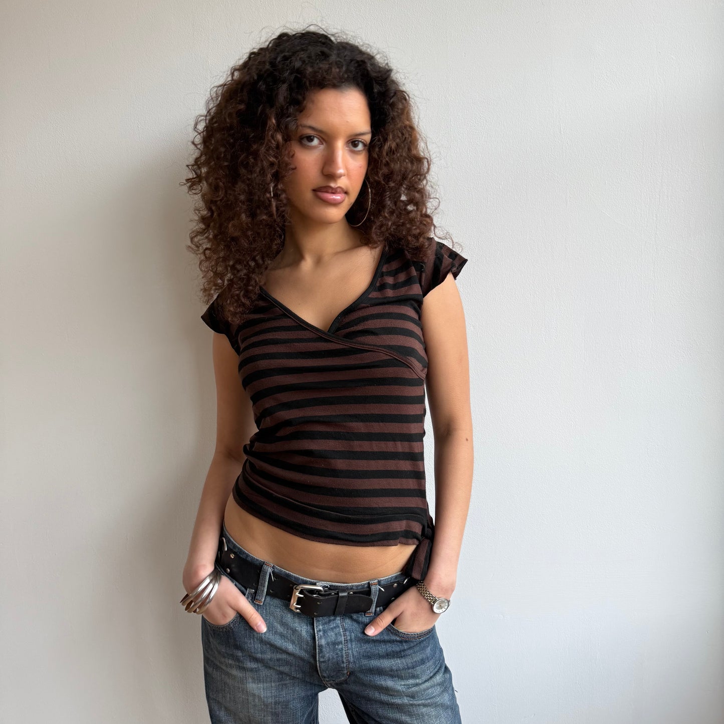 Brown striped ballet wrap top - Size M