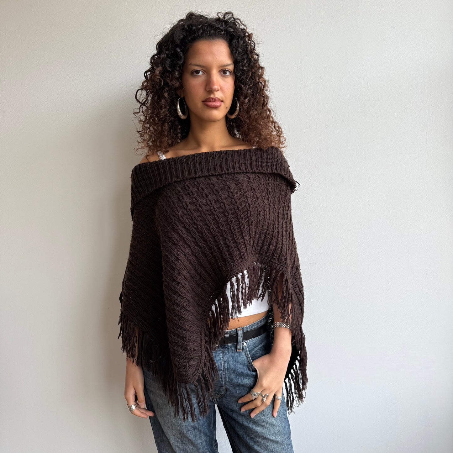 Brown knit Bardot poncho - Size M/L
