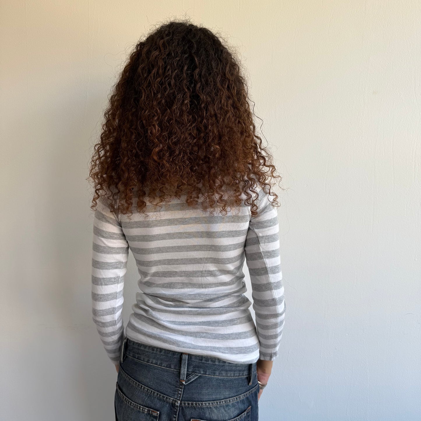 Grey + white striped bardot top - Size S