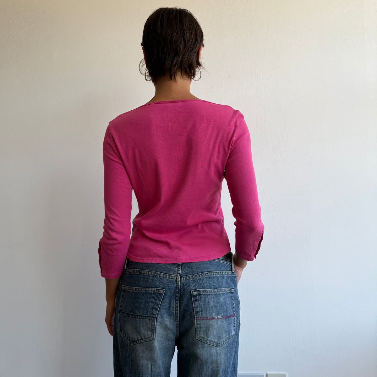 Hot pink 3/4 sleeve popper top - Size S