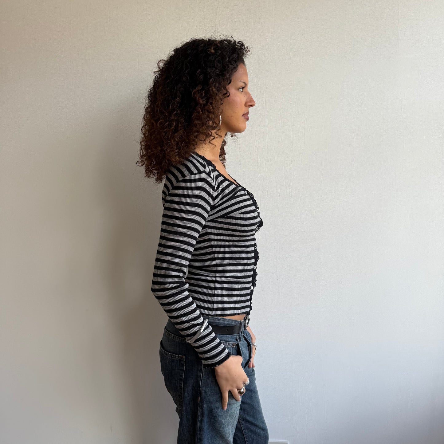 Black + grey striped cardi - Size S