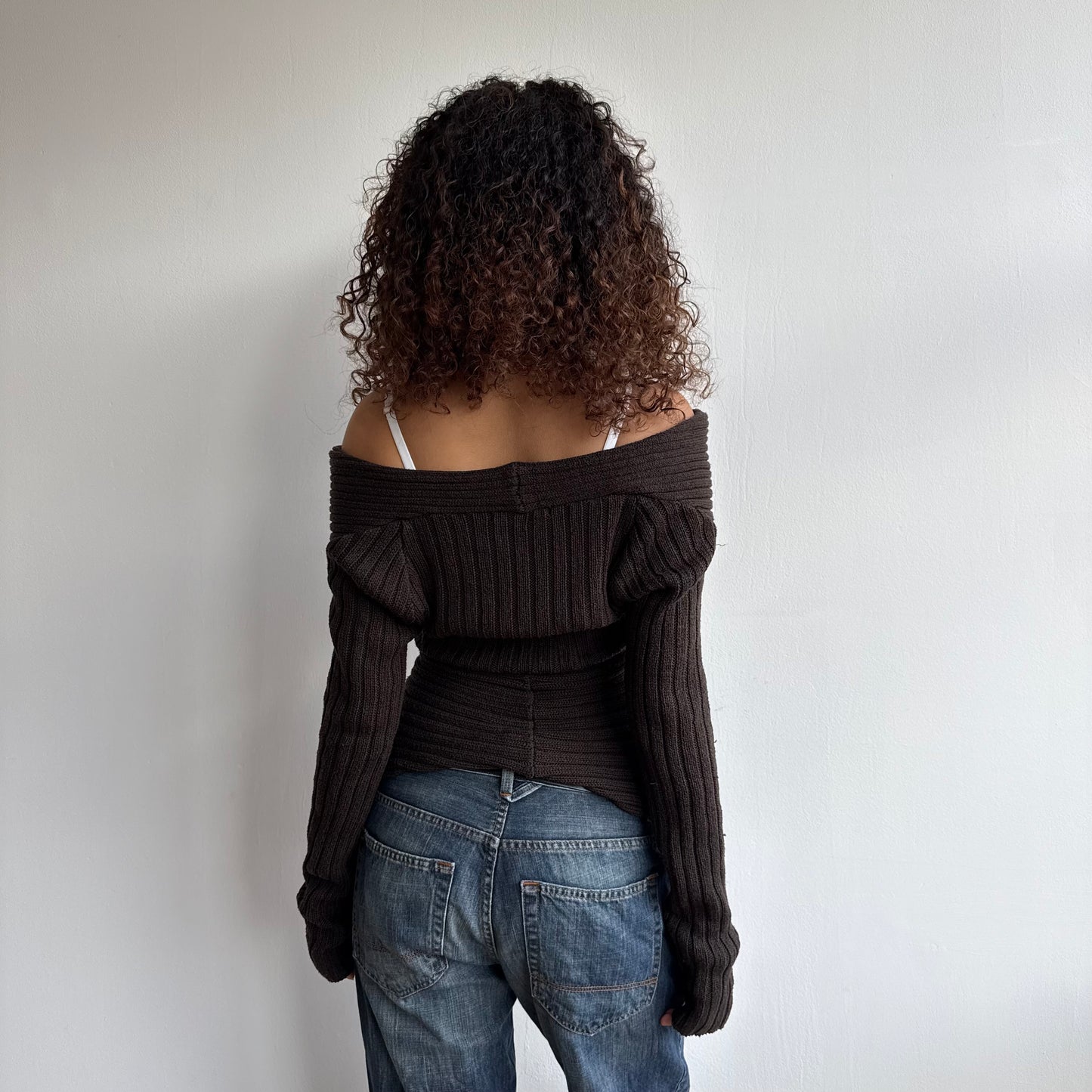 Brown chunky knit Bardot jumper - Size M