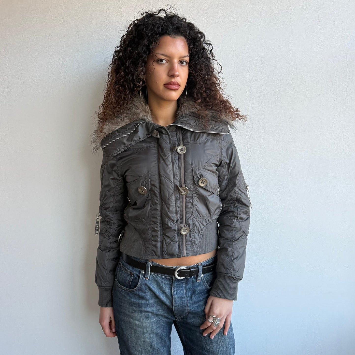 Grey fur collar puffer bomber - Size S