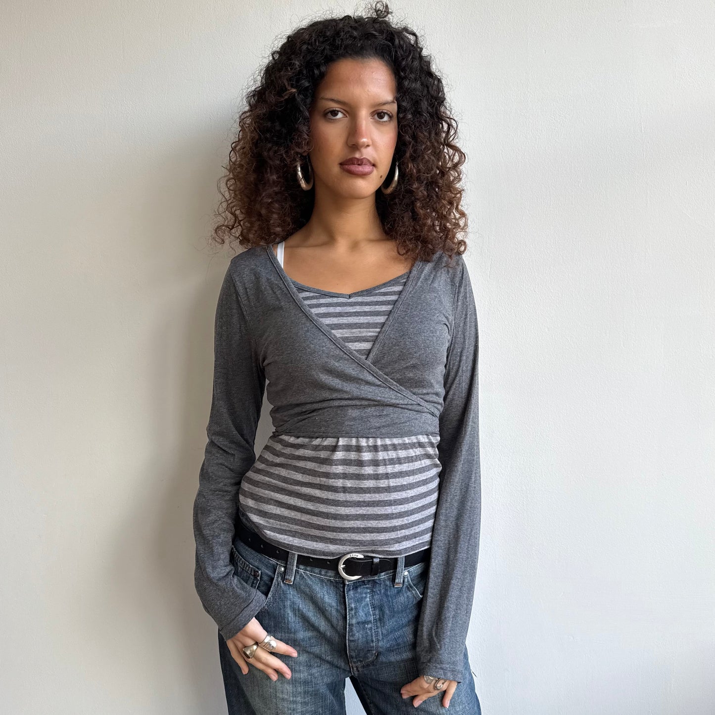 Grey striped wrap ballet top - Size M