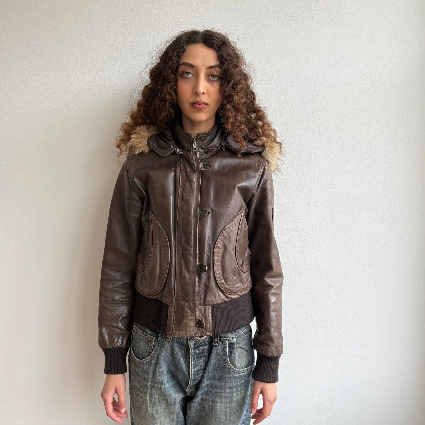 Brown leather fur hood bomber - Size M