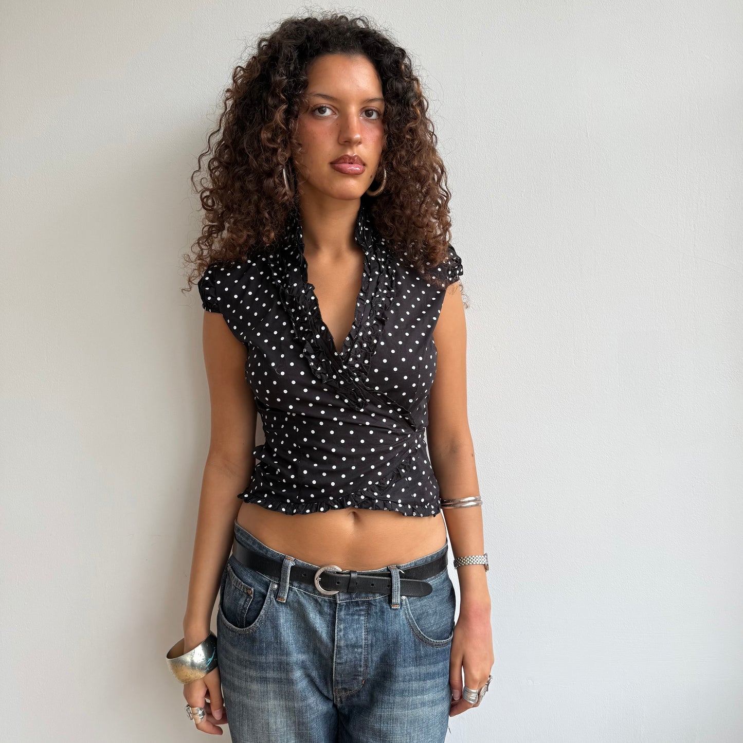 Black polka dot wrap top - Size S