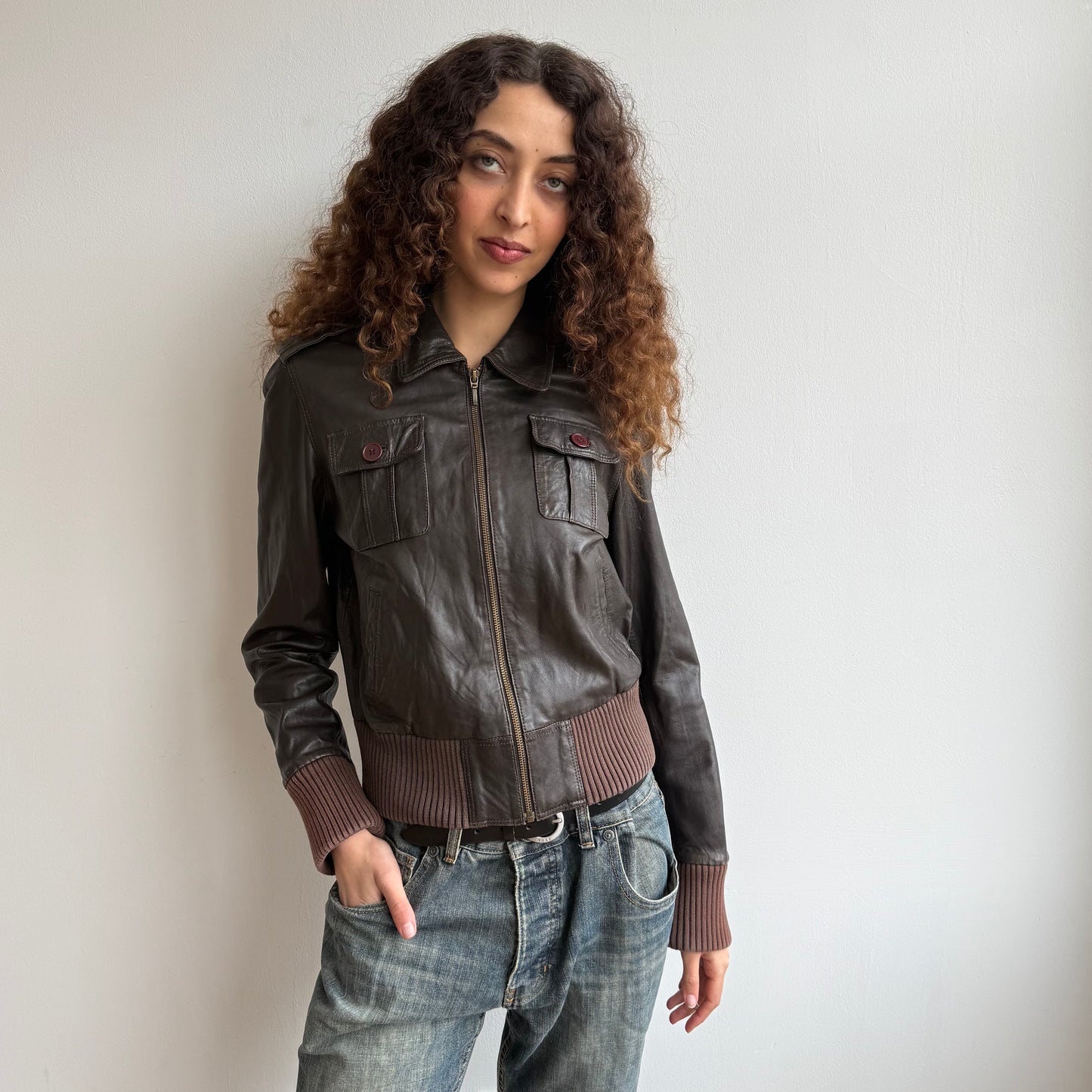 Brown leather bomber jacket - Size S