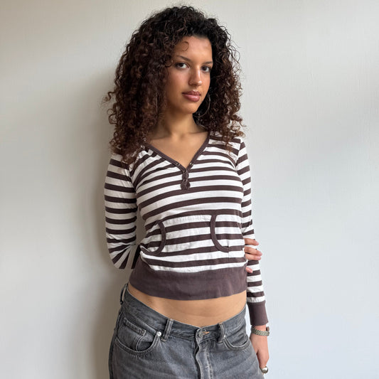 Brown + white striped hooded top - Size S