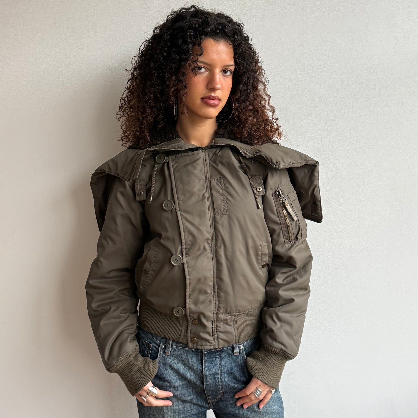 Khaki zip hood puffer bomber - Size M