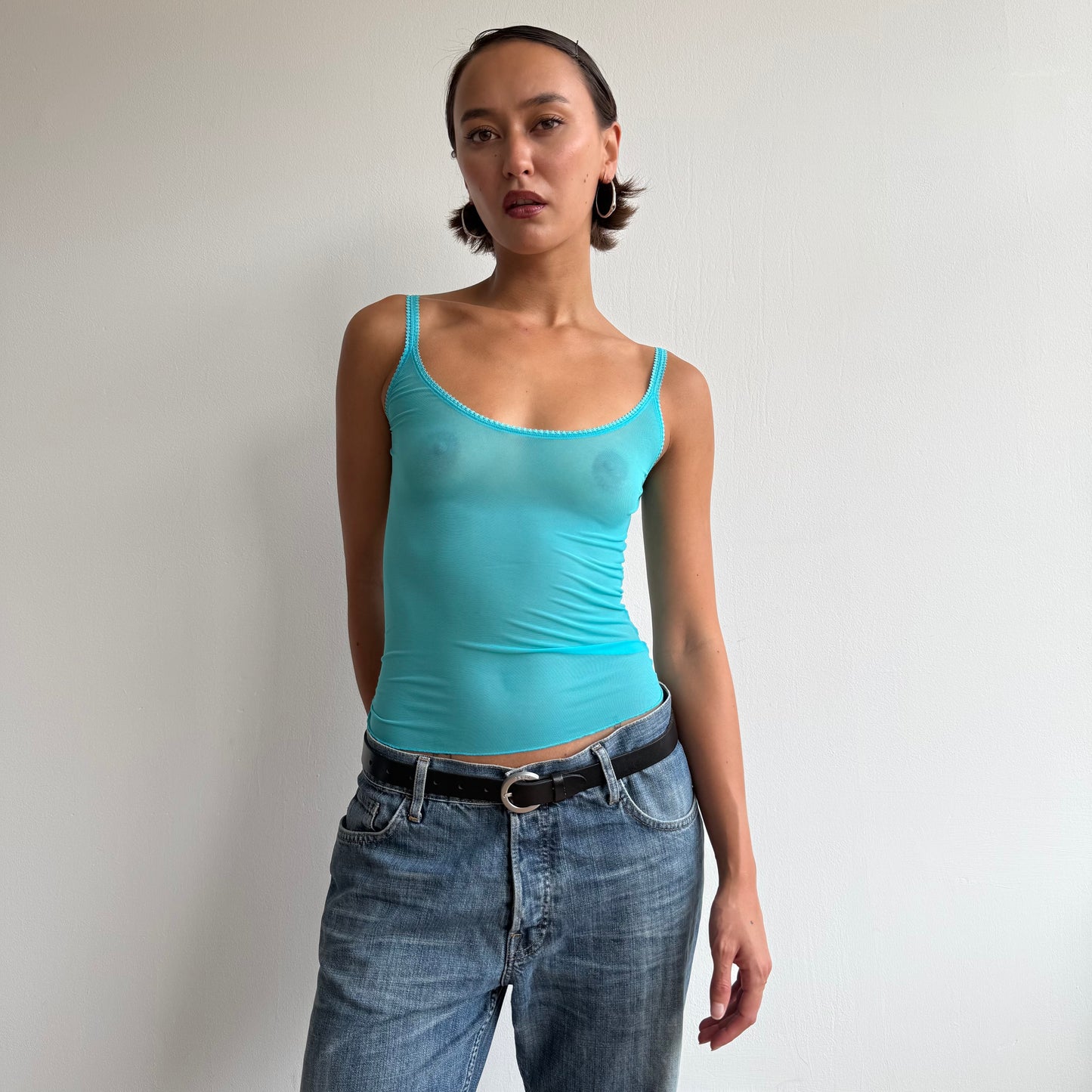 Turquoise sheer lace trim cami - Size S
