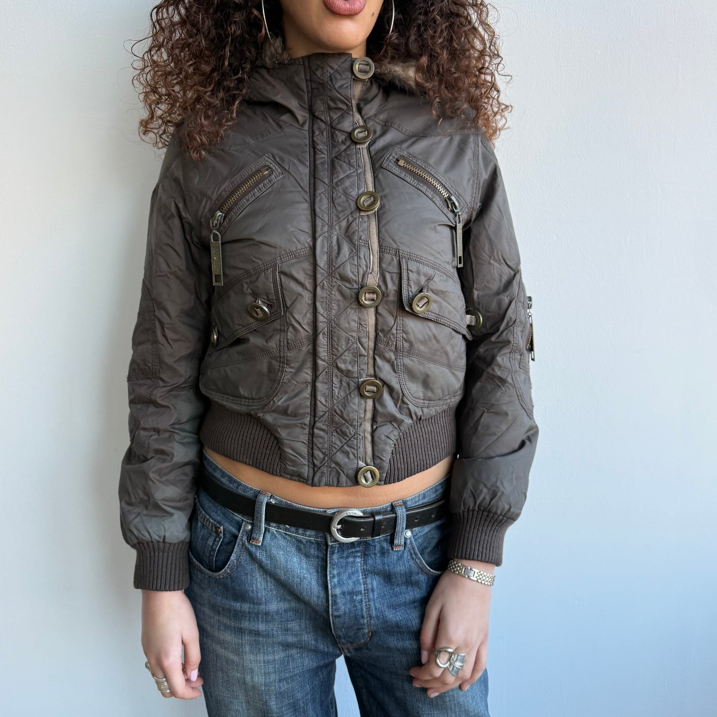 Brown padded faux fur hood - Size S