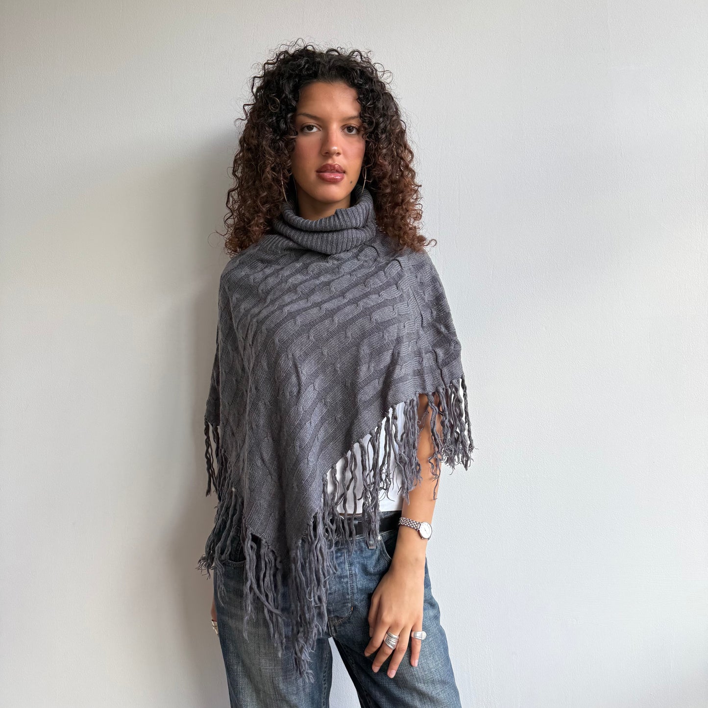Charcoal grey tassel poncho - One Size
