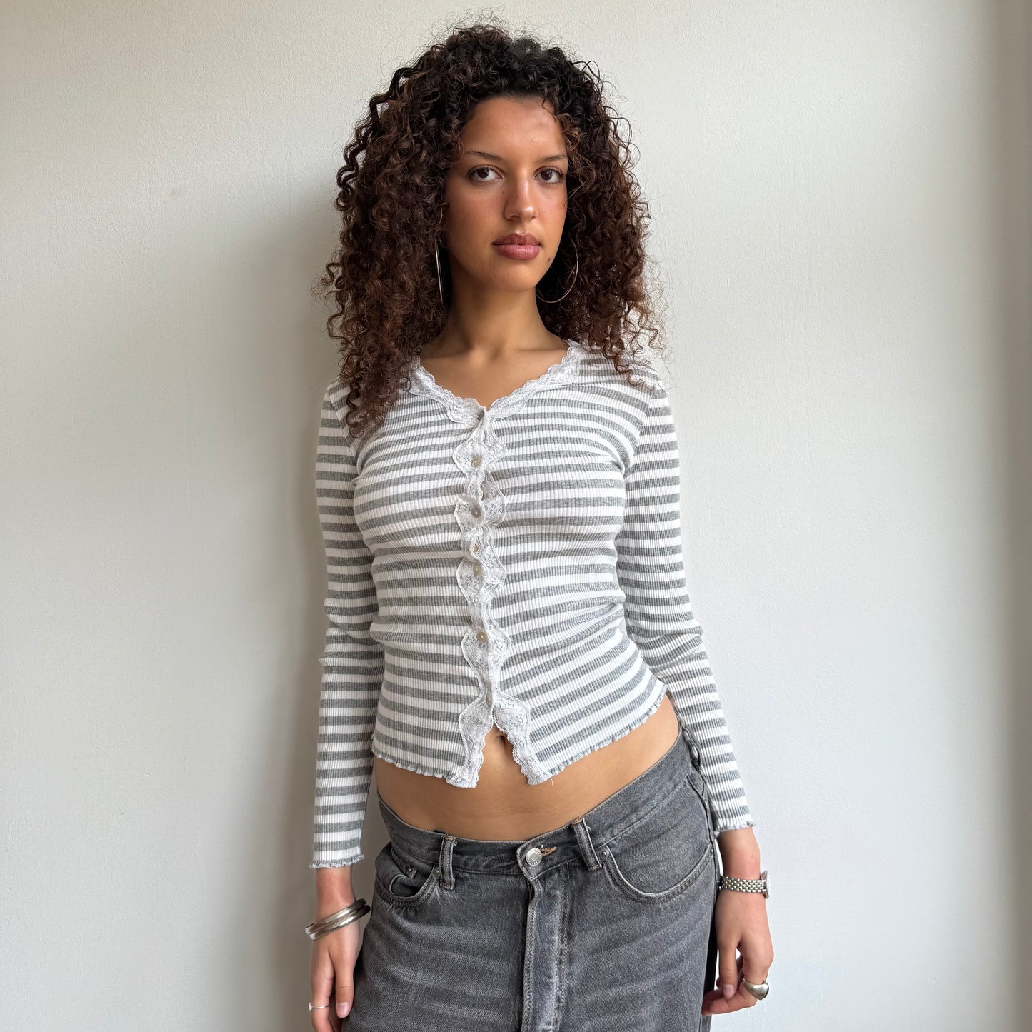 Grey + white striped lace cardi - Size XS