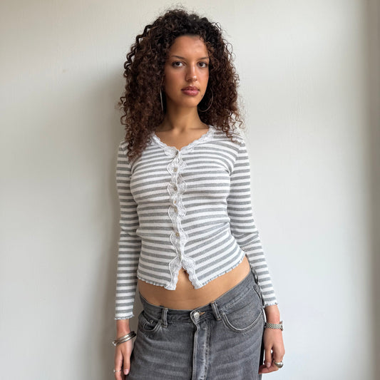 Grey + white striped lace cardi - Size XS