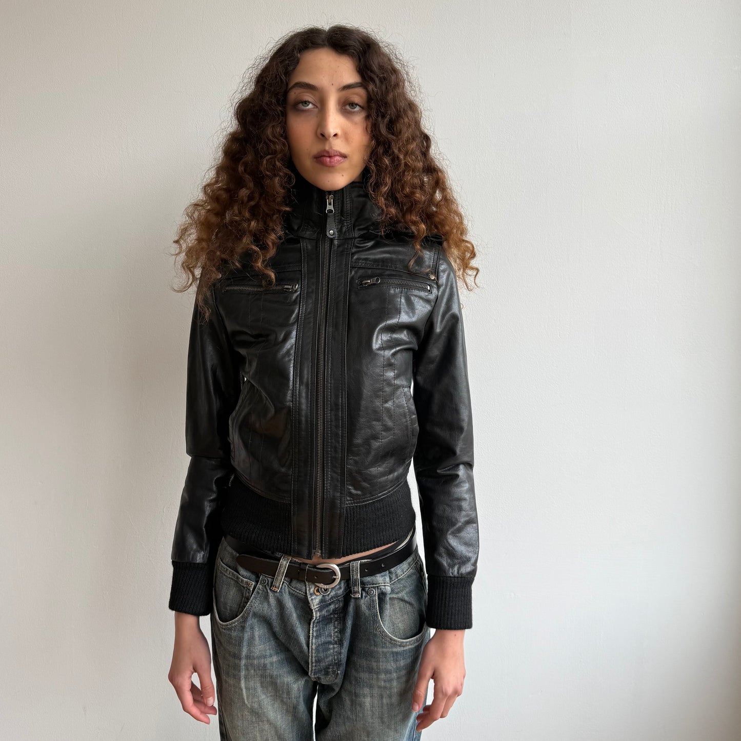 Black leather fur hood bomber - Size S