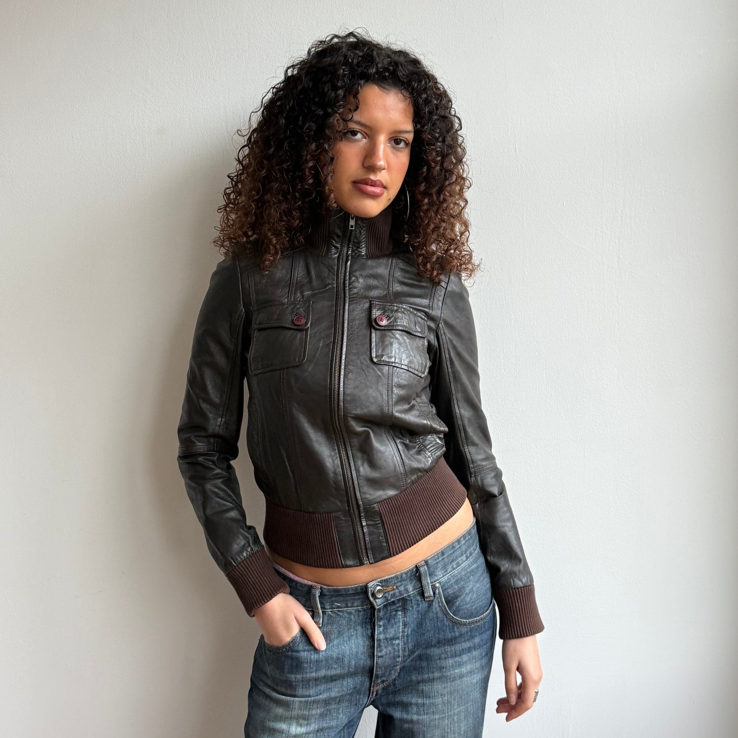Brown leather jacket - Size S