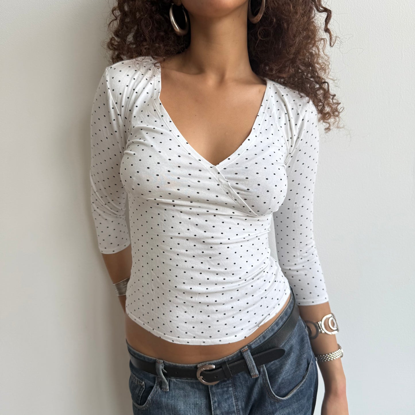 White micro polka dot wrap top - Size S