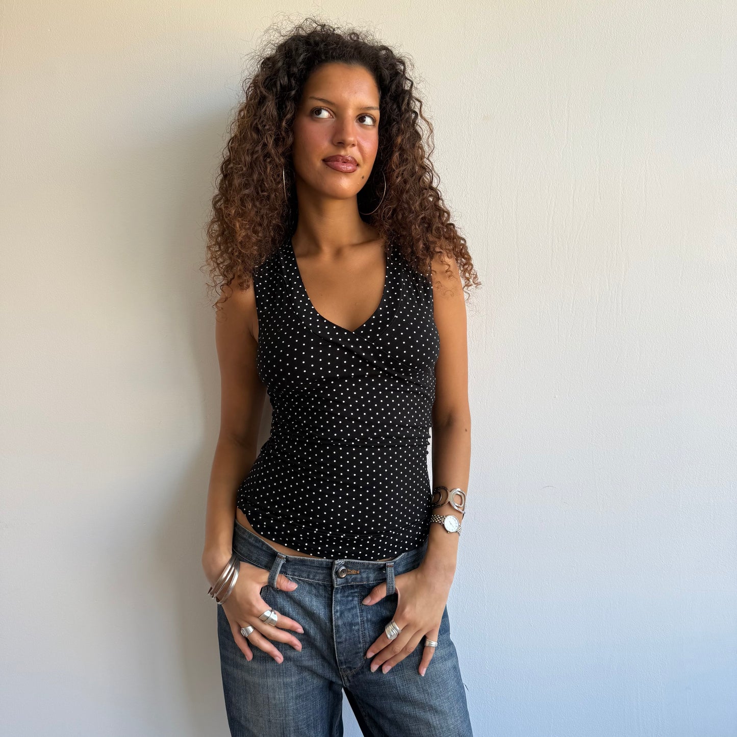 Polka dot tie side wrap top - Size S