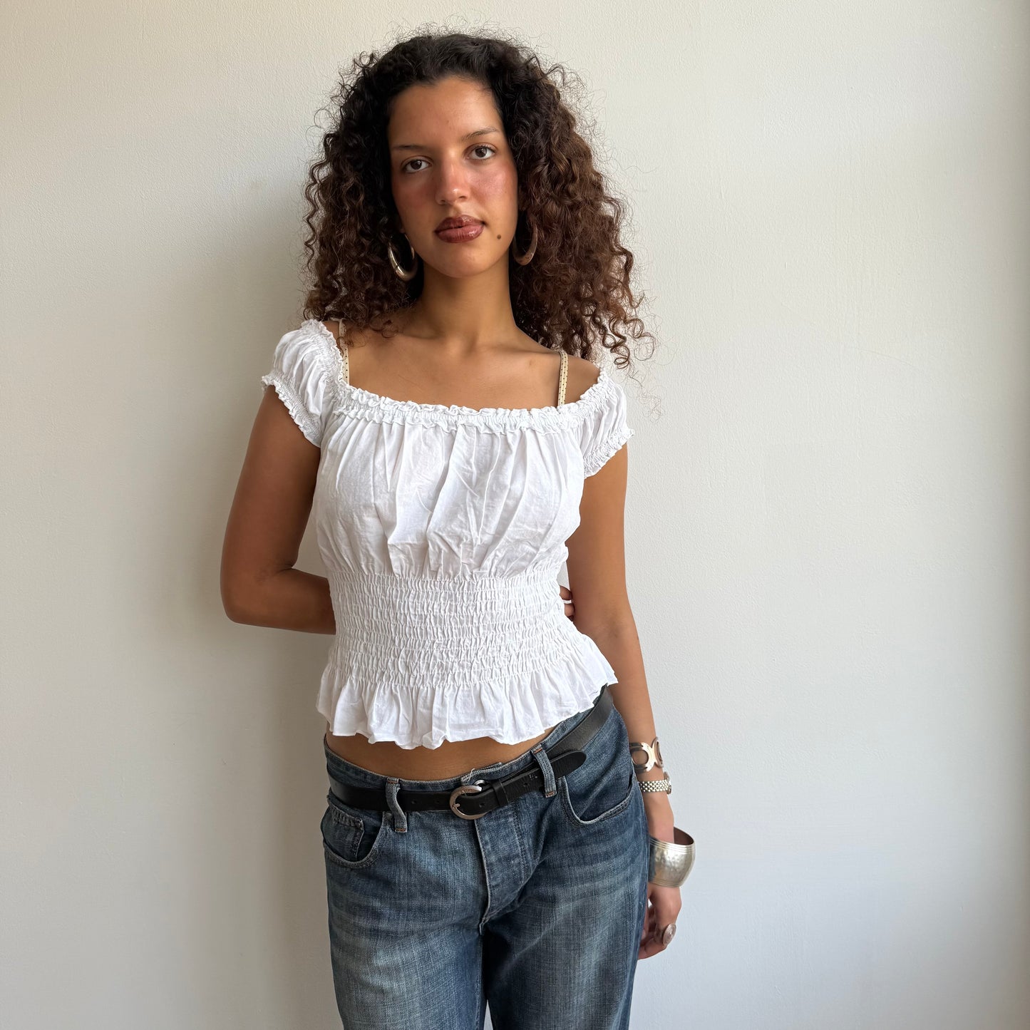 White ruched milkmaid top - Size S