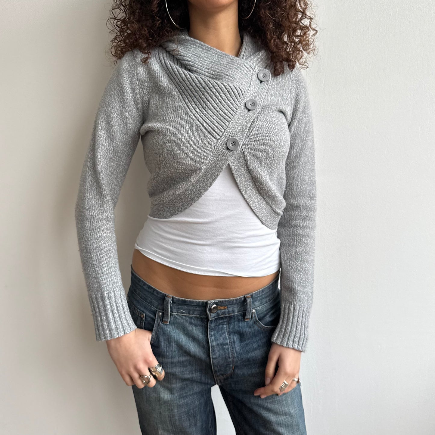 Grey wrap front button knit - Size M