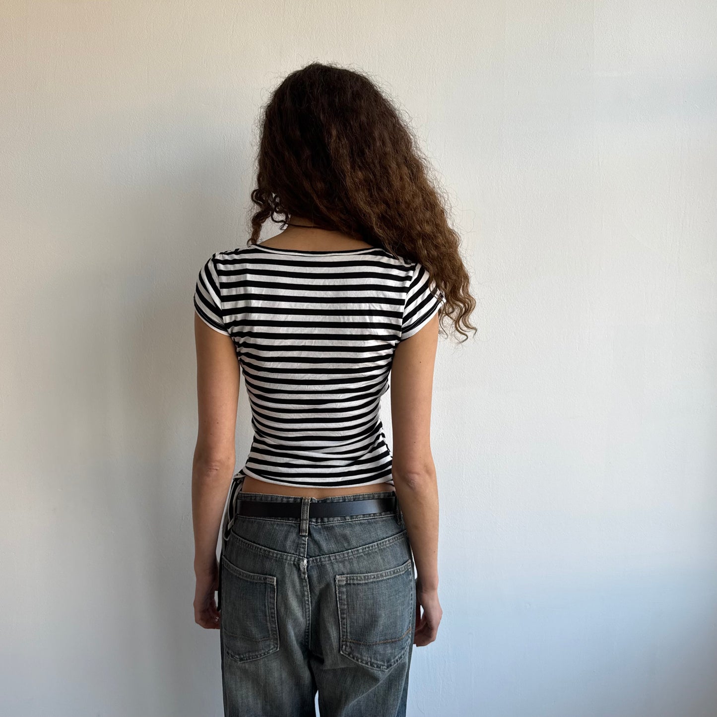 Black + white striped ballet wrap top - Size S