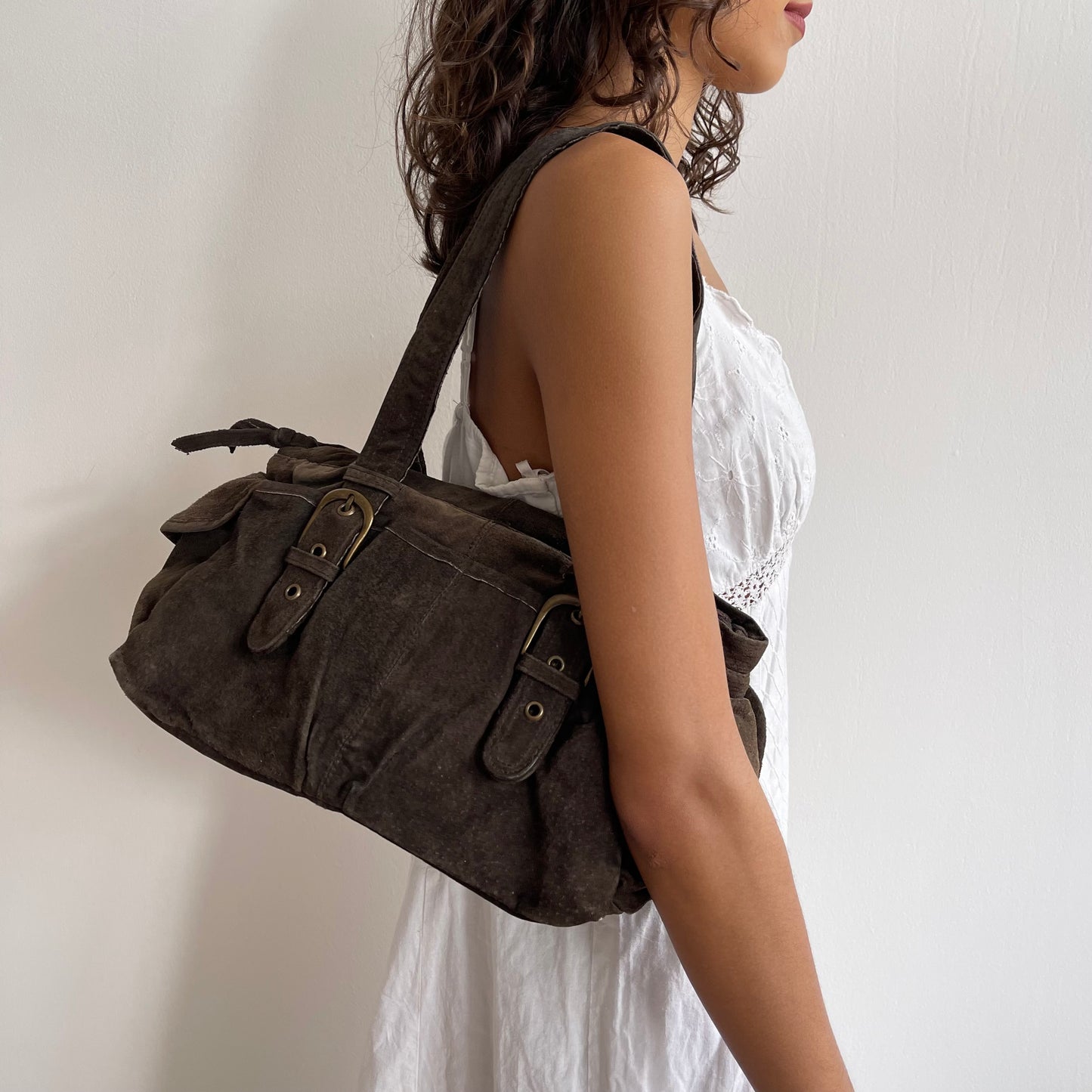 Brown suede buckle bag