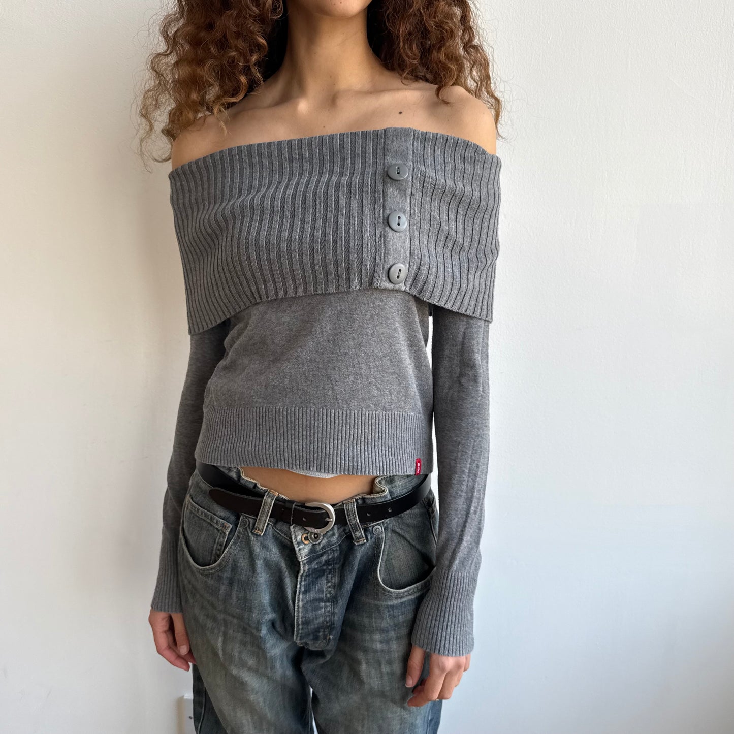 Grey bardot button knit jumper - Size S