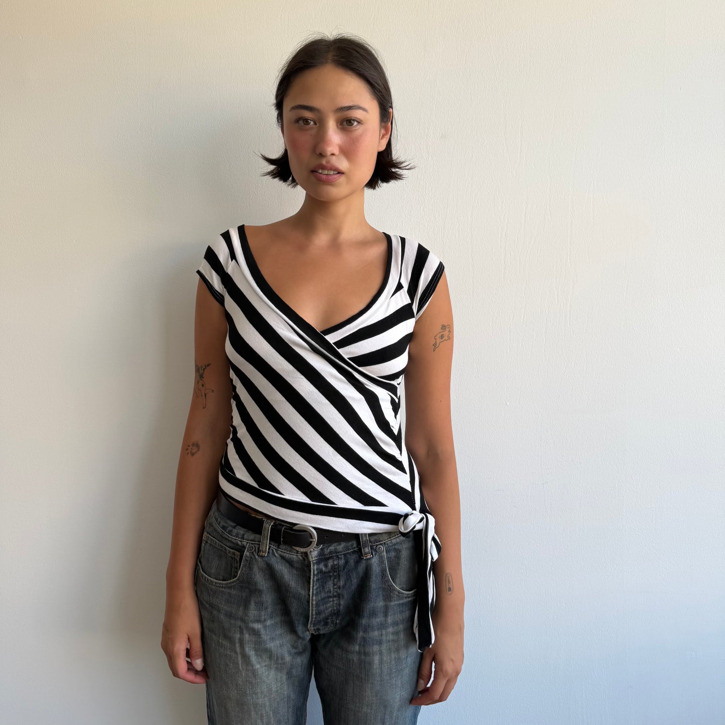Black + white ballet wrap top - Size S